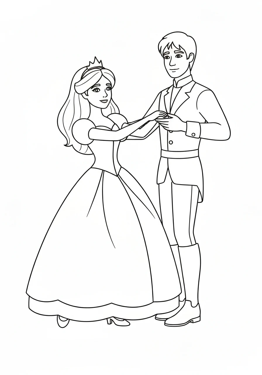 Księżniczka z księciem na balu - kolorowanka PDF - kolorowanka line-art do druku