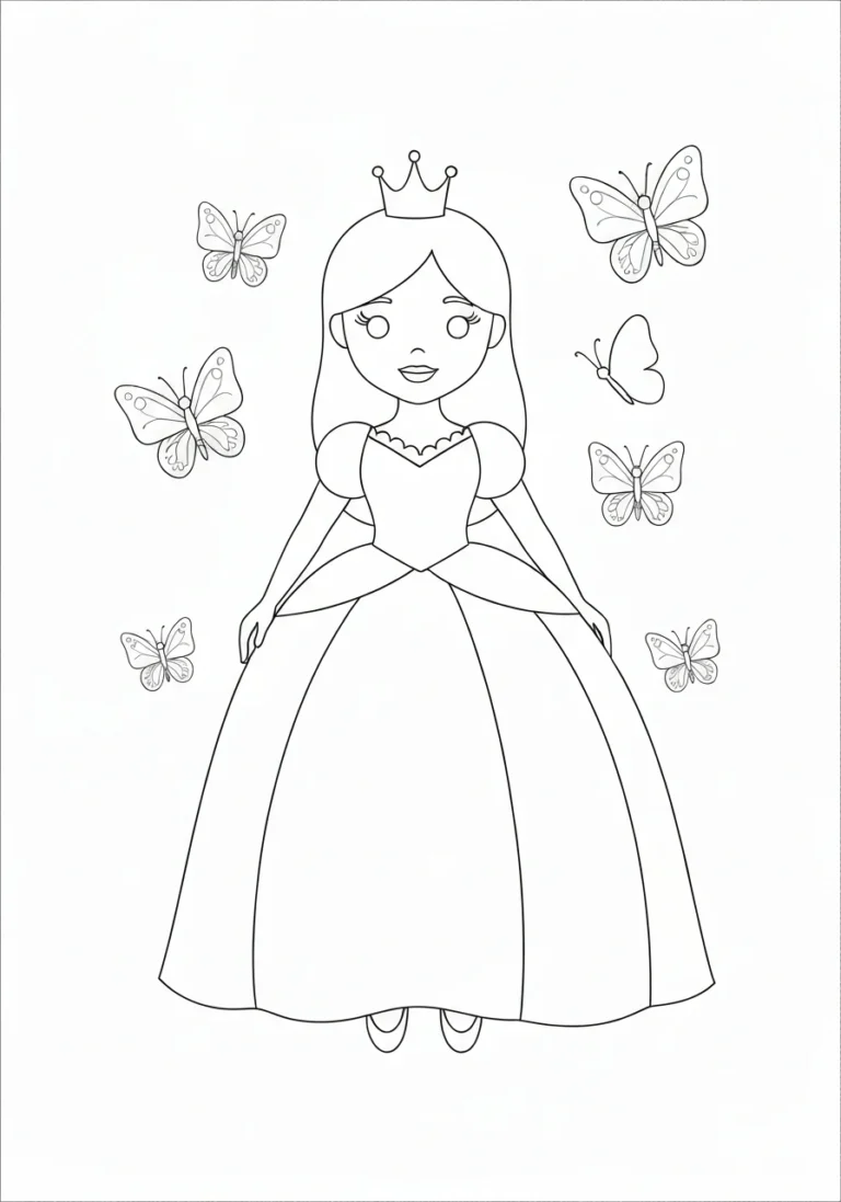 Księżniczka z motylkami - kolorowanka wiosenna - kolorowanka line-art do druku