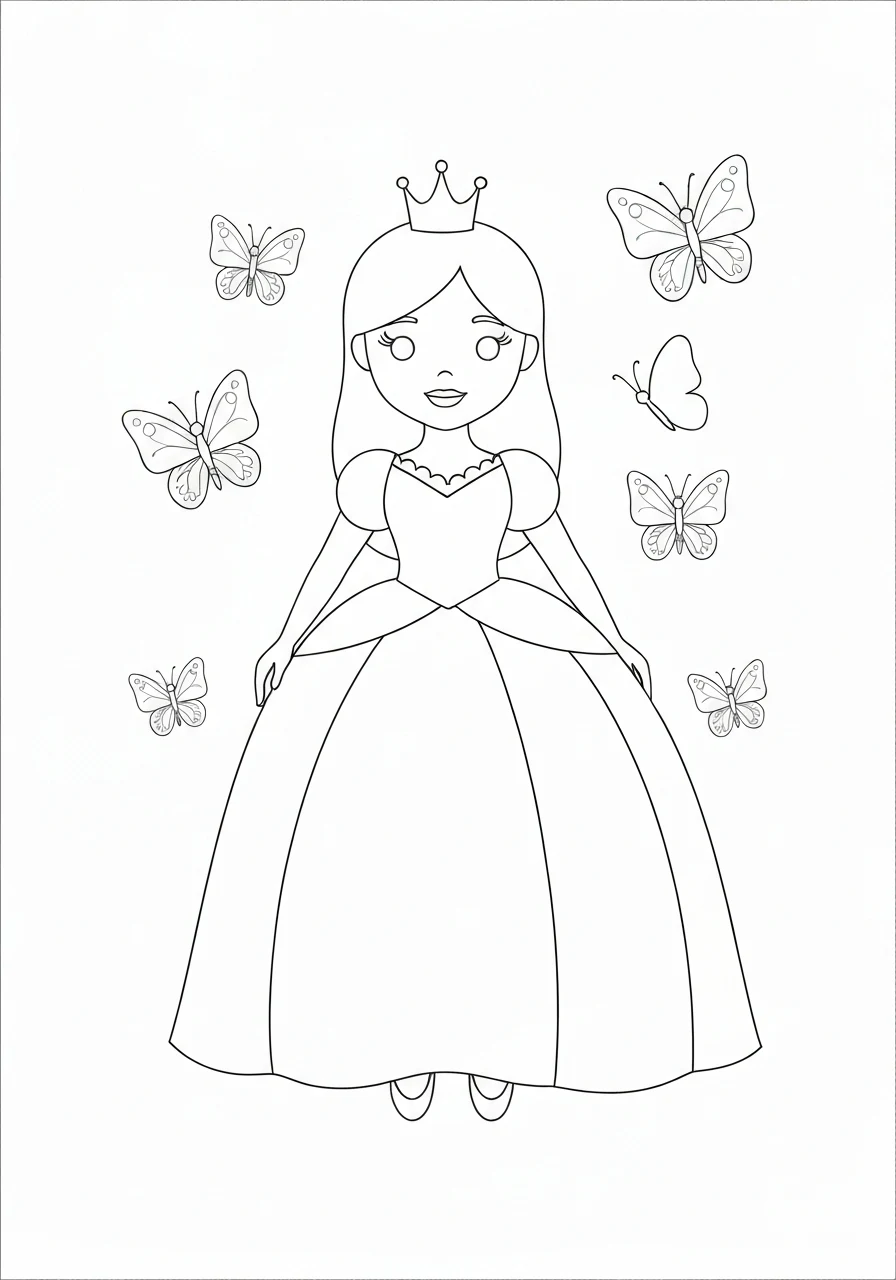 Księżniczka z motylkami - kolorowanka wiosenna - kolorowanka line-art do druku