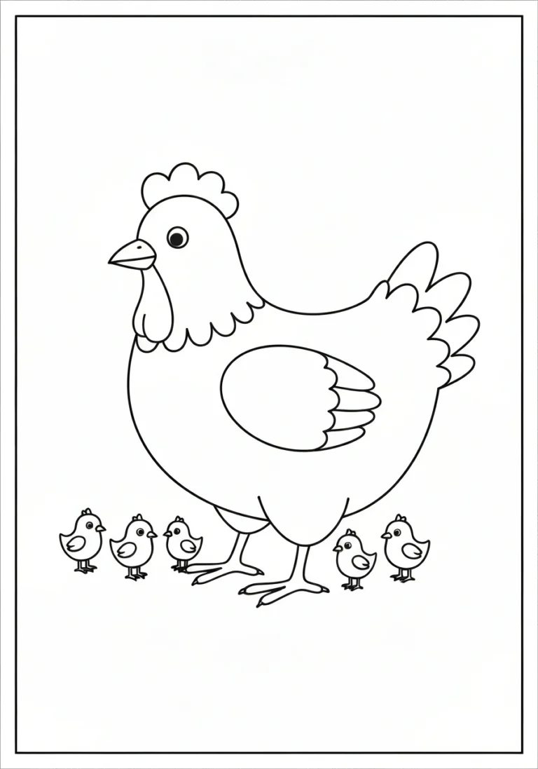 Kura z pisklętami - kolorowanka wielkanocna - kolorowanka line-art do druku