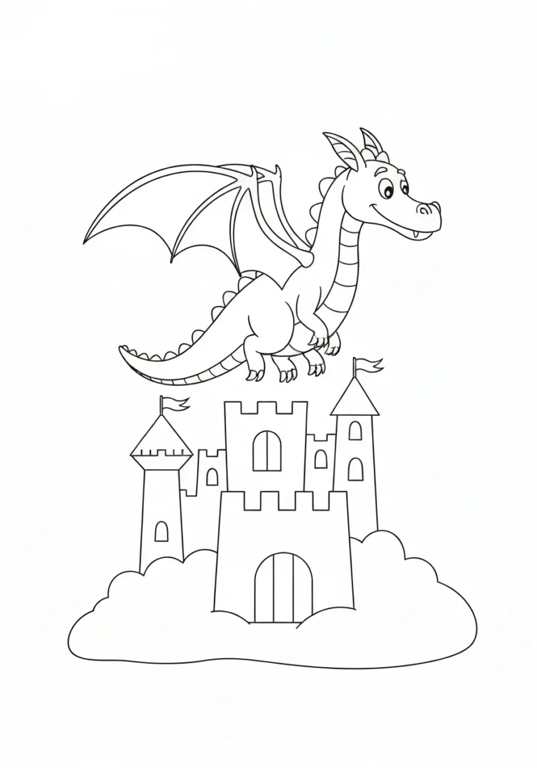 Latający smok nad zamkiem - line-art do druku PDF - kolorowanka line-art do druku
