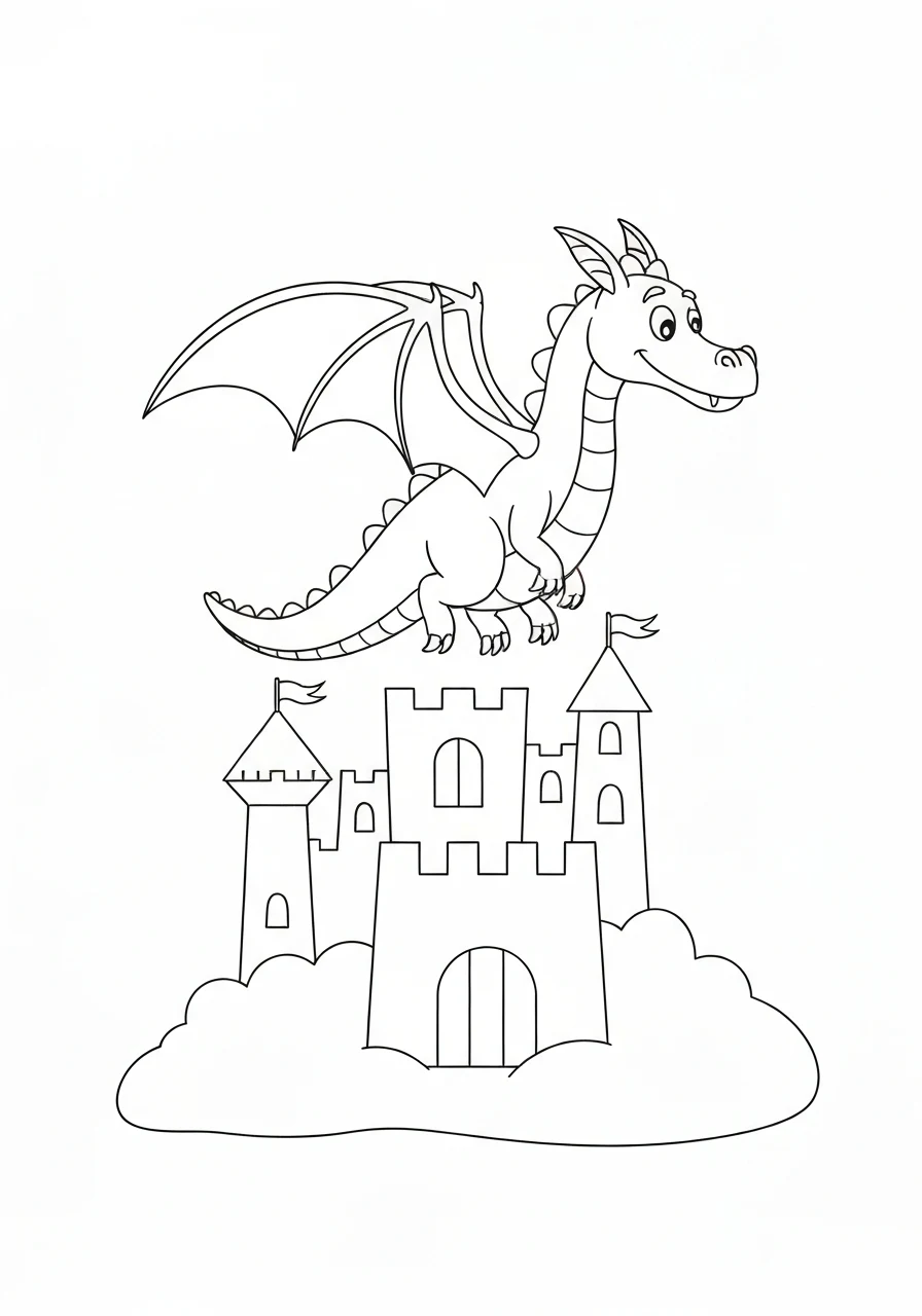 Latający smok nad zamkiem - line-art do druku PDF - kolorowanka line-art do druku