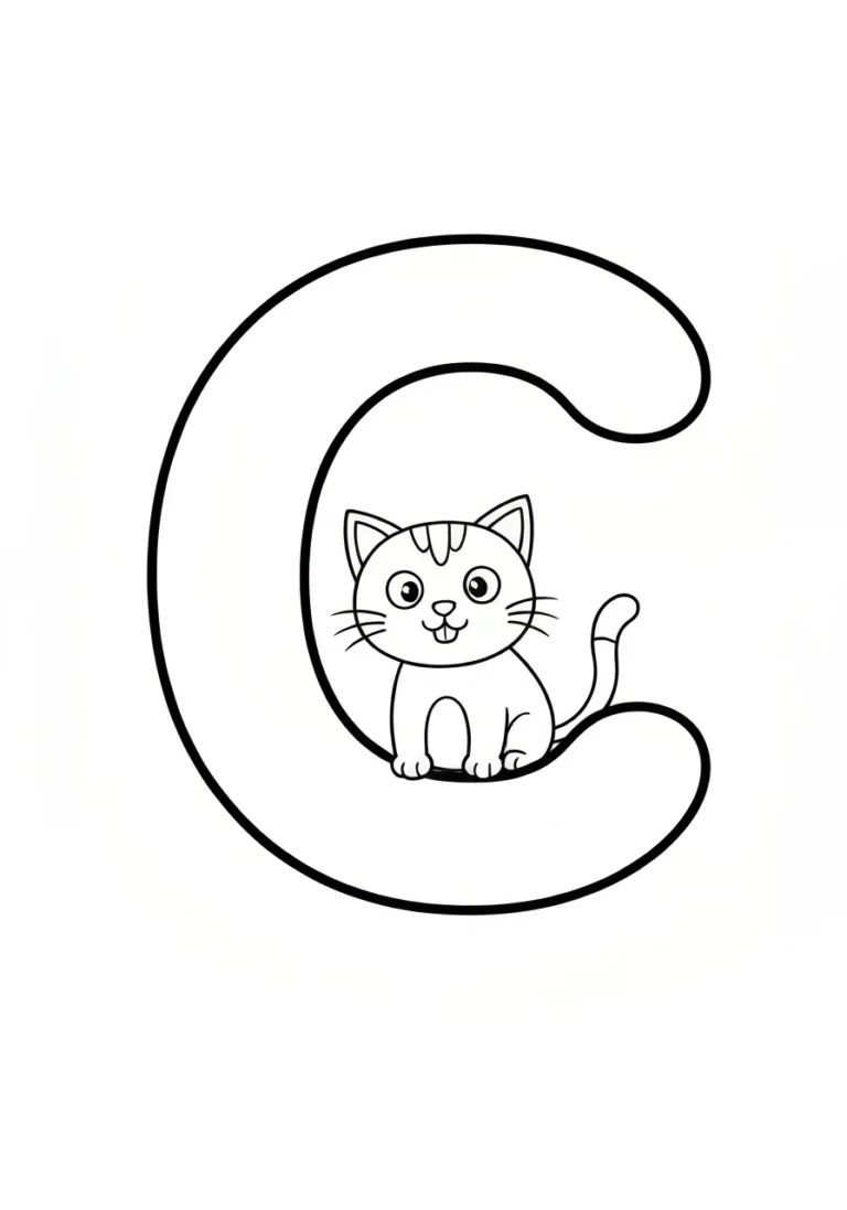 Letter C with cat - kolorowanka angielski - kolorowanka line-art do druku