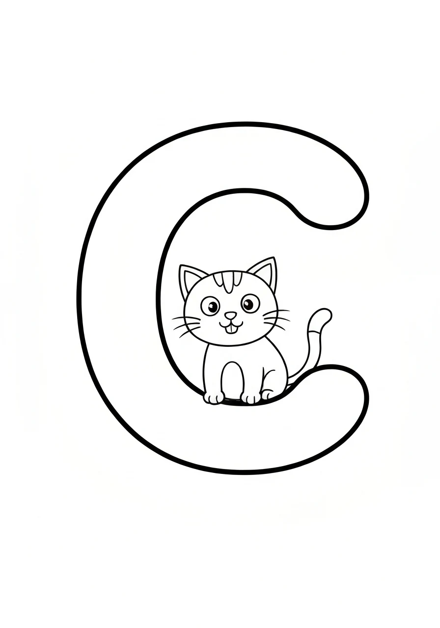 Letter C with cat - kolorowanka angielski - kolorowanka line-art do druku