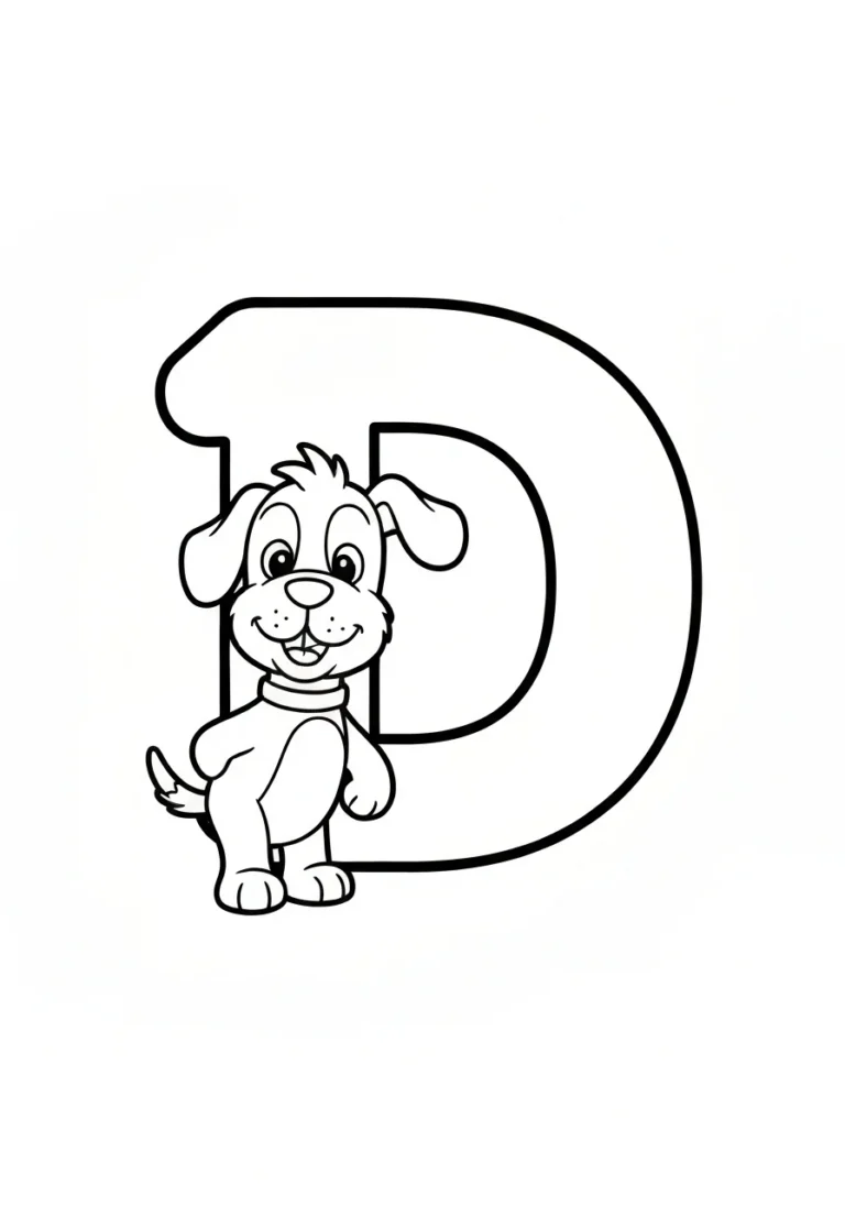 Letter D with dog - kolorowanka English - kolorowanka line-art do druku