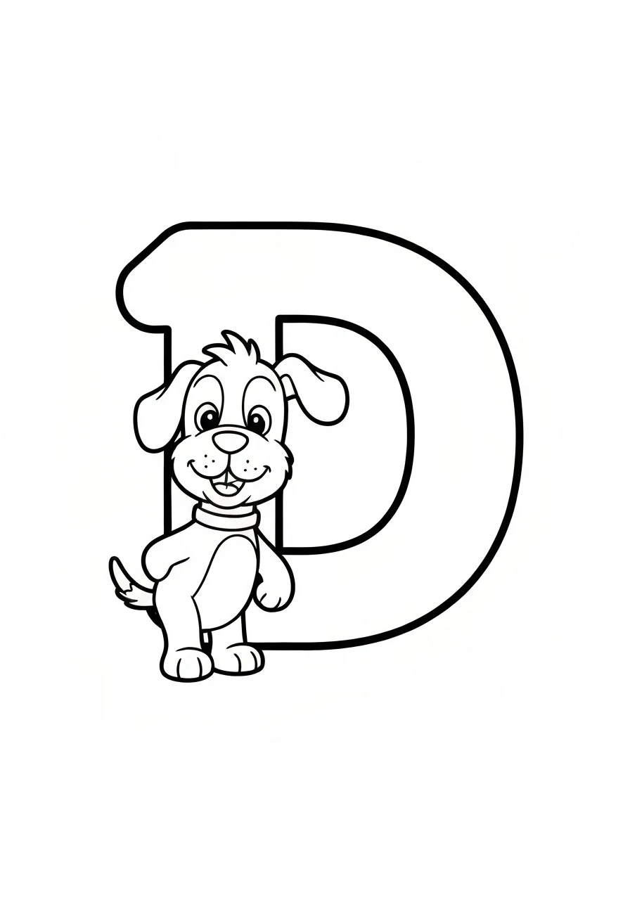 Letter D with dog - kolorowanka English - kolorowanka line-art do druku