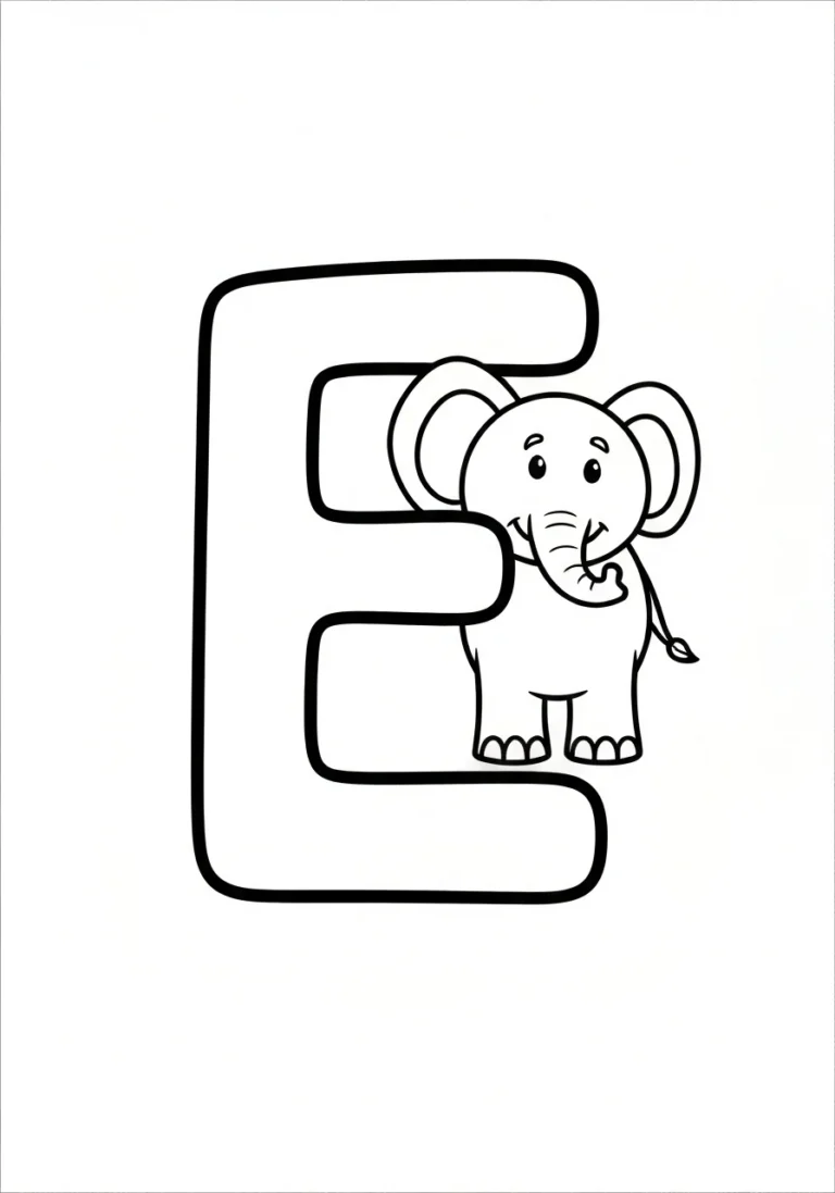 Letter E with elephant - alfabet angielski - kolorowanka line-art do druku