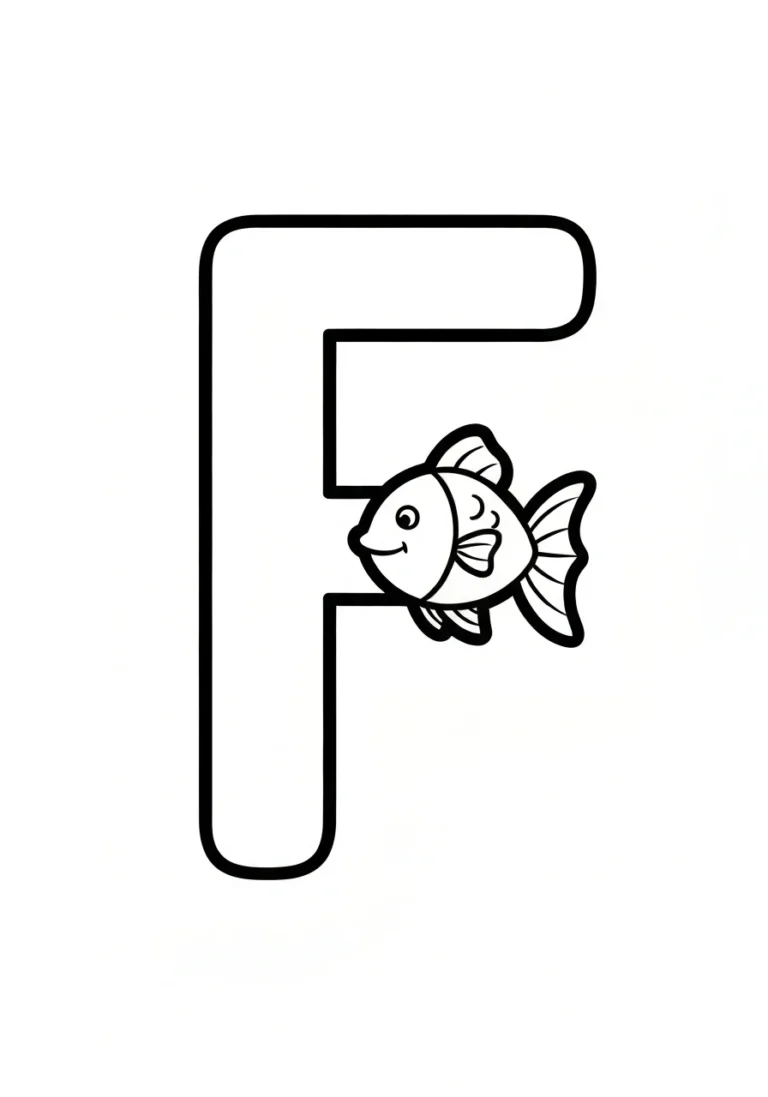 Letter F with fish - kolorowanka English - kolorowanka line-art do druku