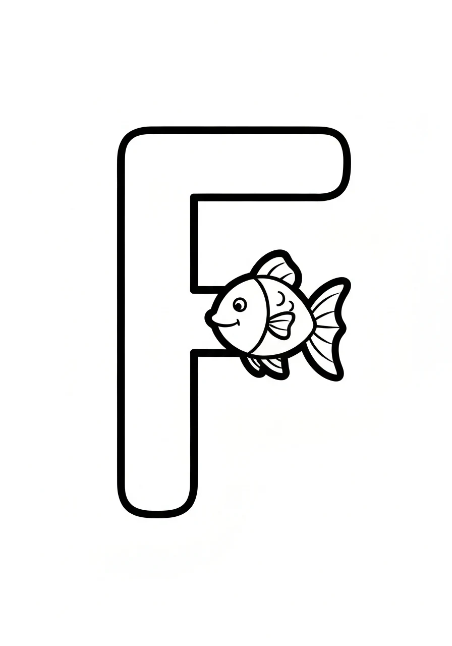 Letter F with fish - kolorowanka English - kolorowanka line-art do druku