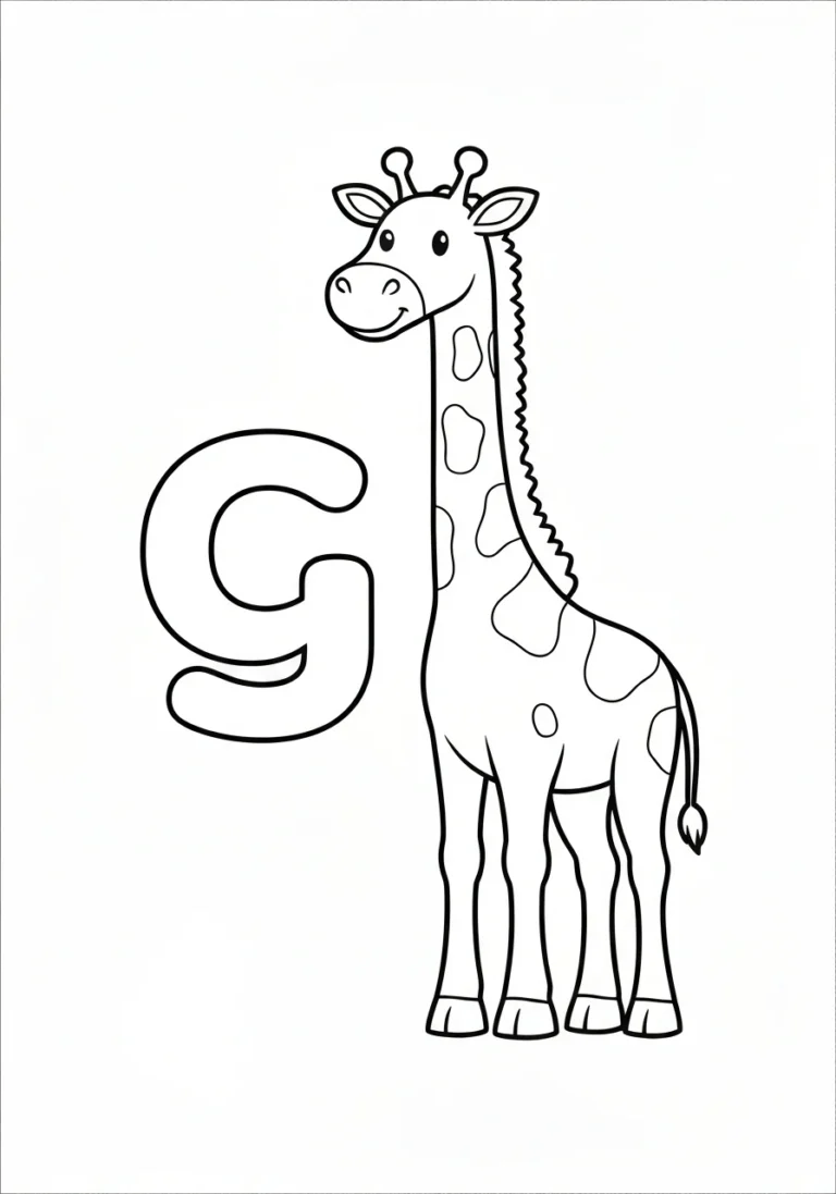 Letter G with giraffe - angielski alfabet - kolorowanka line-art do druku