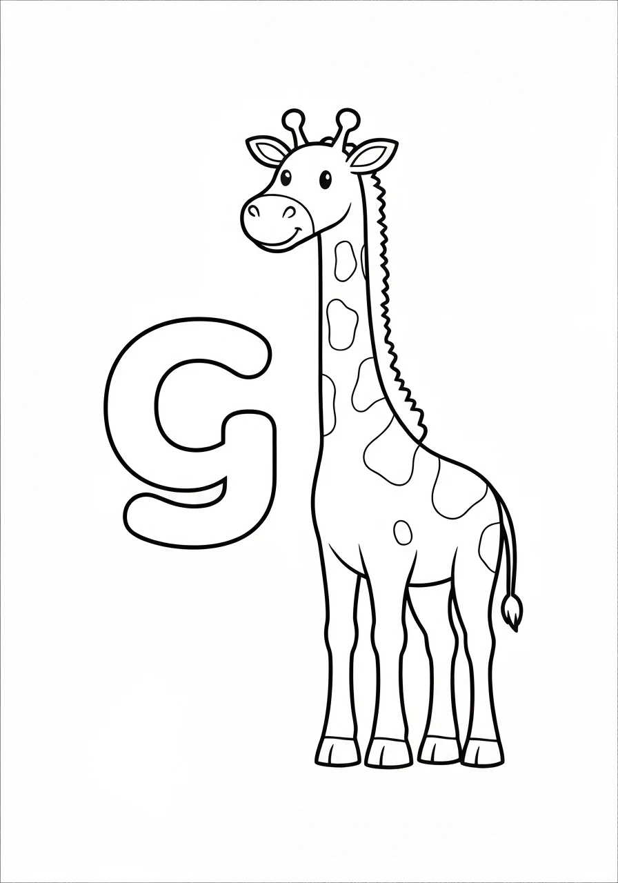 Letter G with giraffe - angielski alfabet - kolorowanka line-art do druku