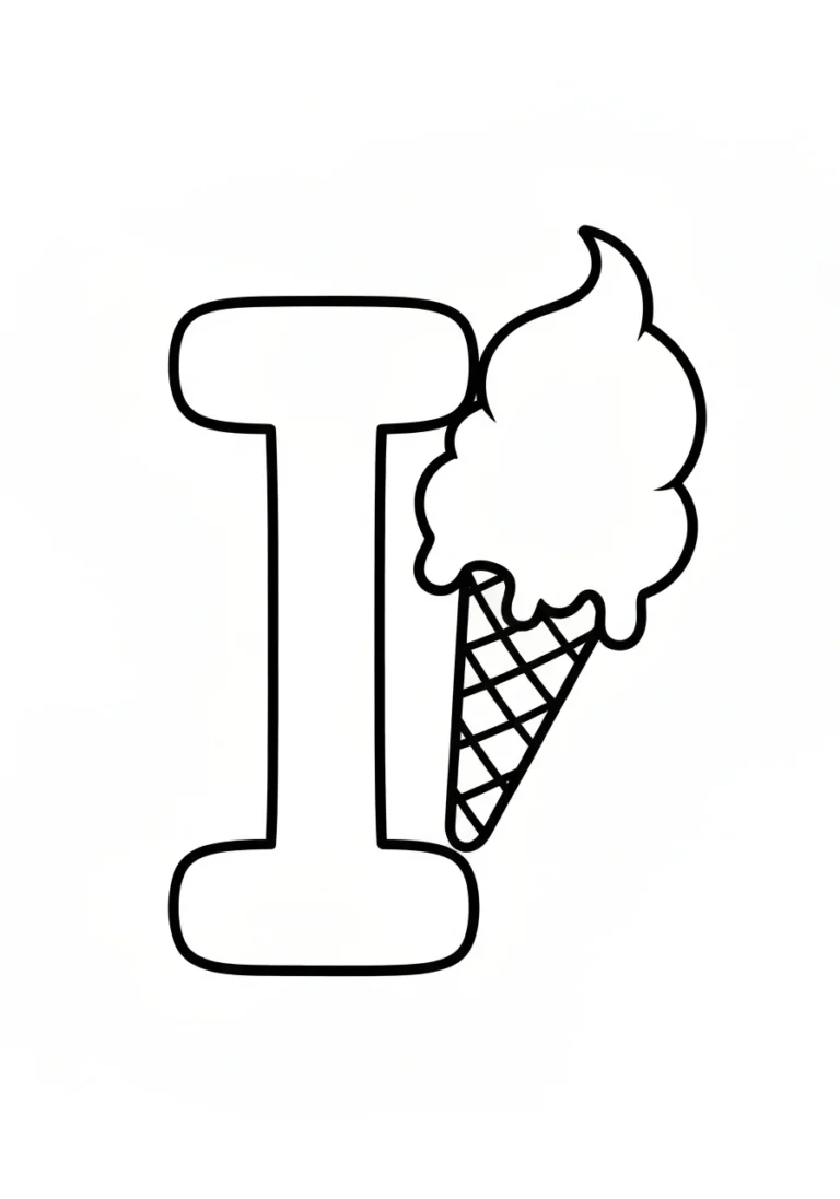 Letter I with ice cream - English coloring page - kolorowanka line-art do druku