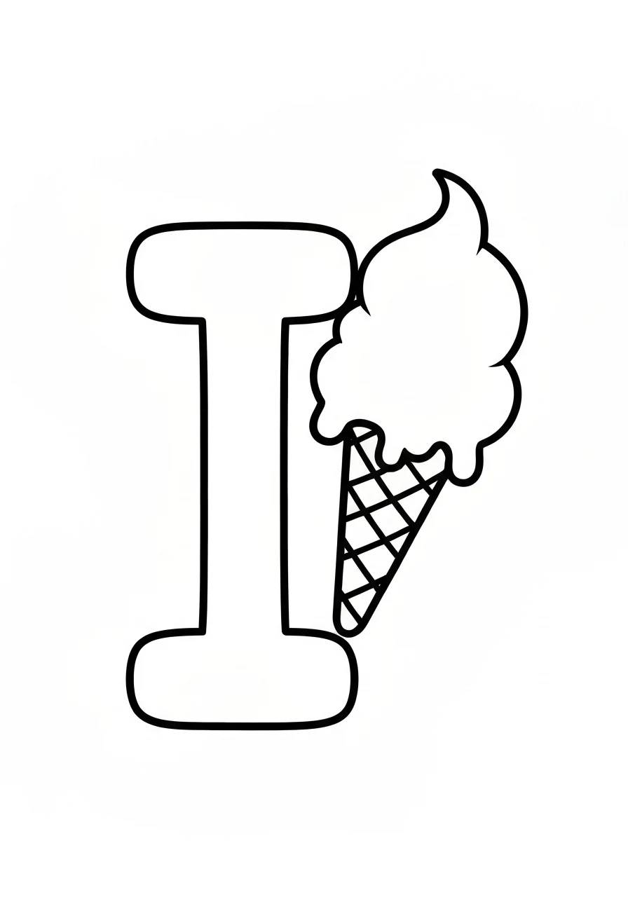 Letter I with ice cream - English coloring page - kolorowanka line-art do druku