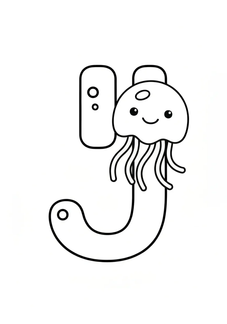 Letter J with jellyfish - alfabet angielski - kolorowanka line-art do druku