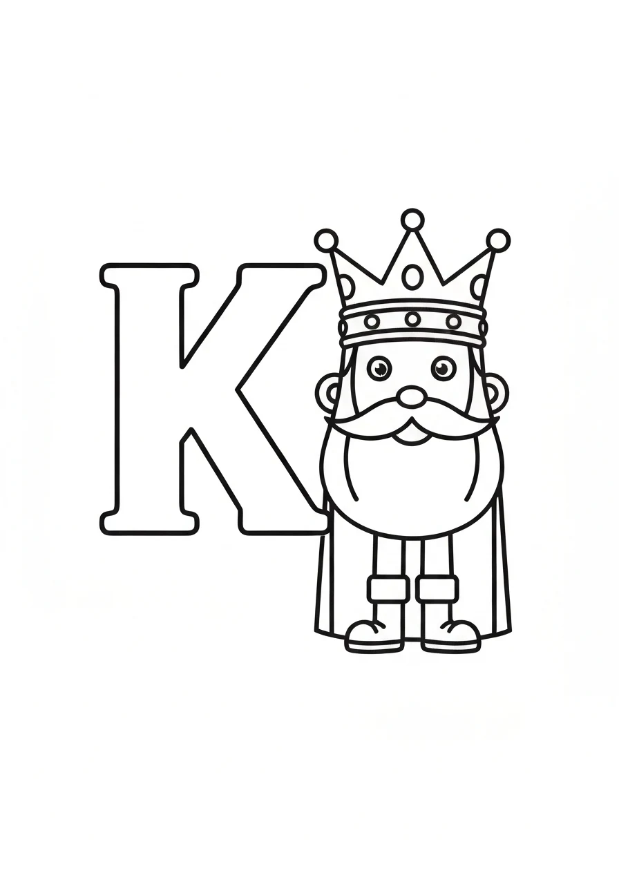 Letter K with king - kolorowanka angielski - kolorowanka line-art do druku