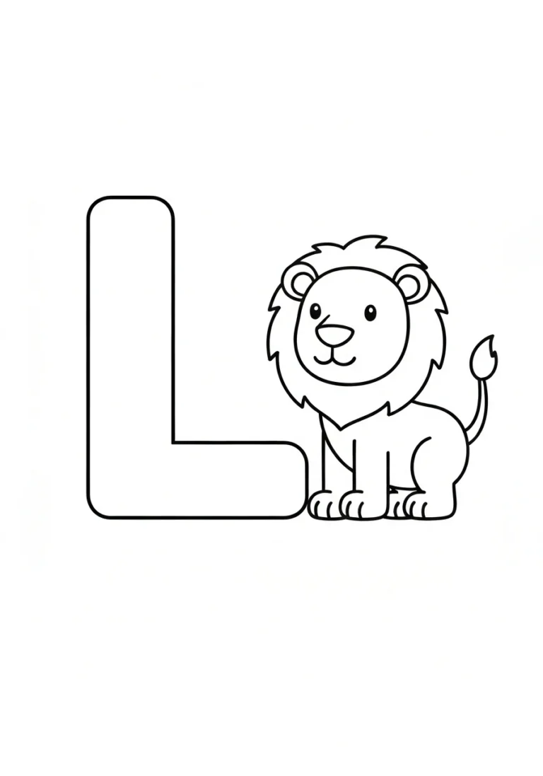 Letter L with lion - English coloring page - kolorowanka line-art do druku