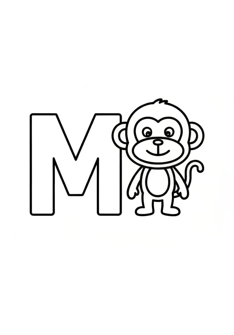 Letter M with monkey - kolorowanka angielski - kolorowanka line-art do druku