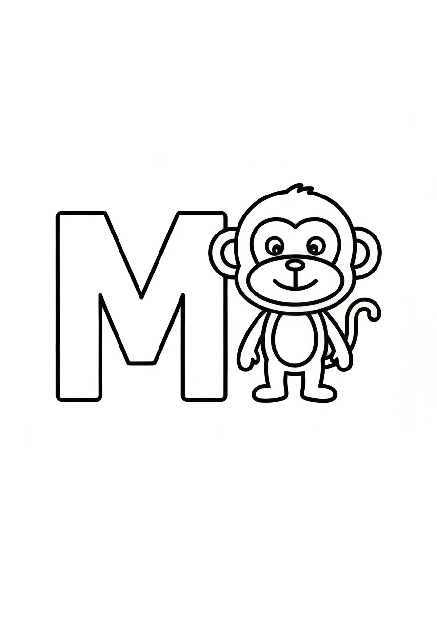 Letter M with monkey - kolorowanka angielski - kolorowanka line-art do druku