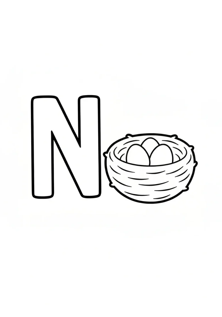 Letter N with nest - alfabet angielski - kolorowanka line-art do druku