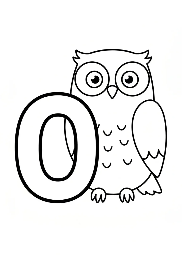 Letter O with owl - kolorowanka English - kolorowanka line-art do druku