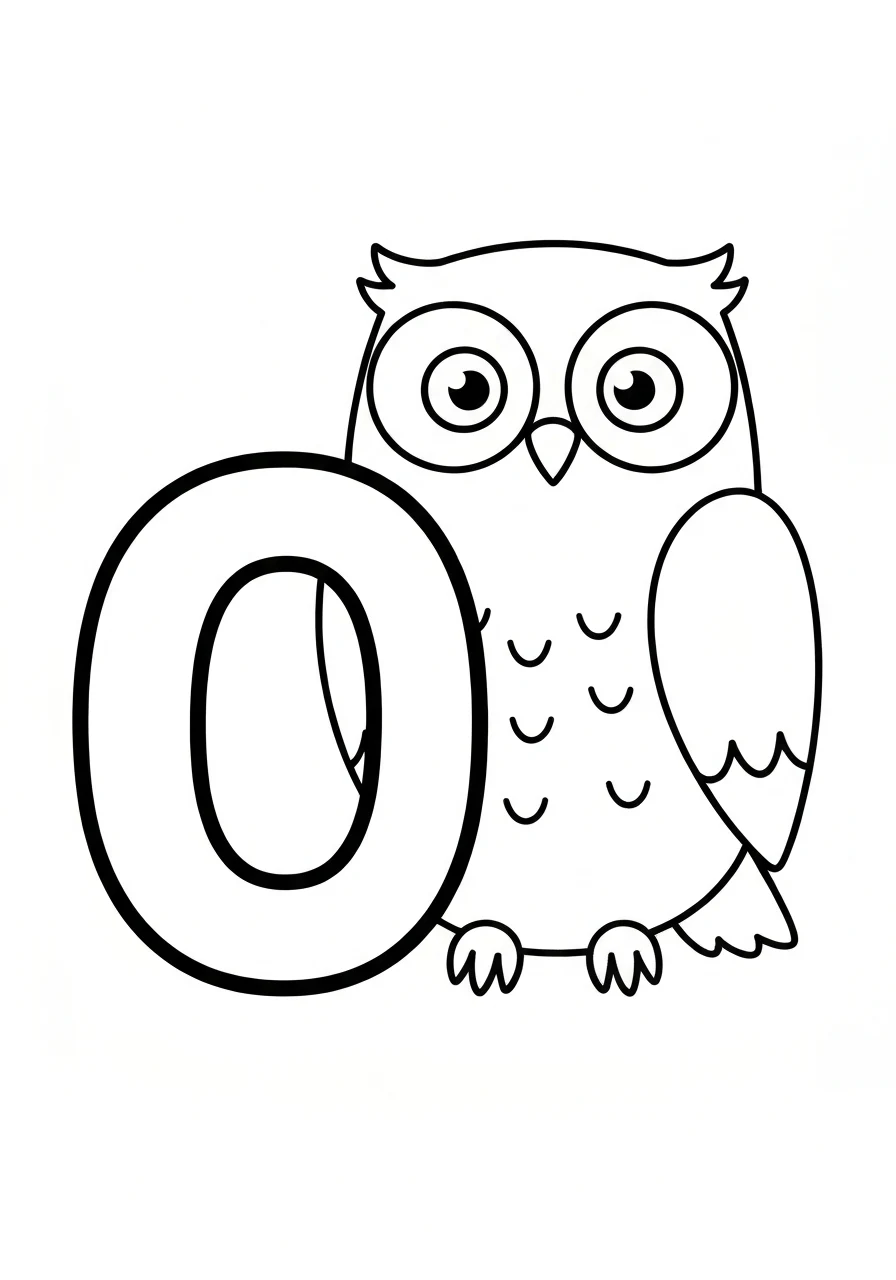 Letter O with owl - kolorowanka English - kolorowanka line-art do druku