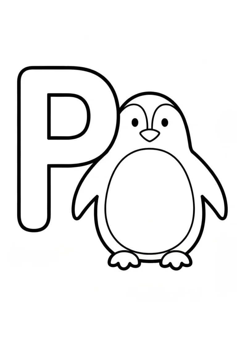 Letter P with penguin - angielski alfabet - kolorowanka line-art do druku