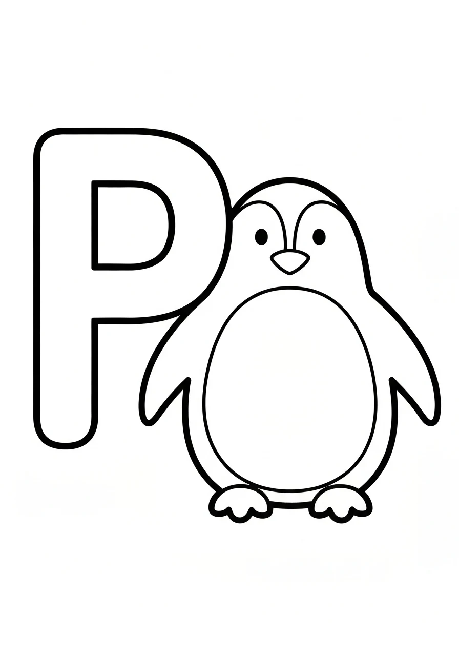 Letter P with penguin - angielski alfabet - kolorowanka line-art do druku