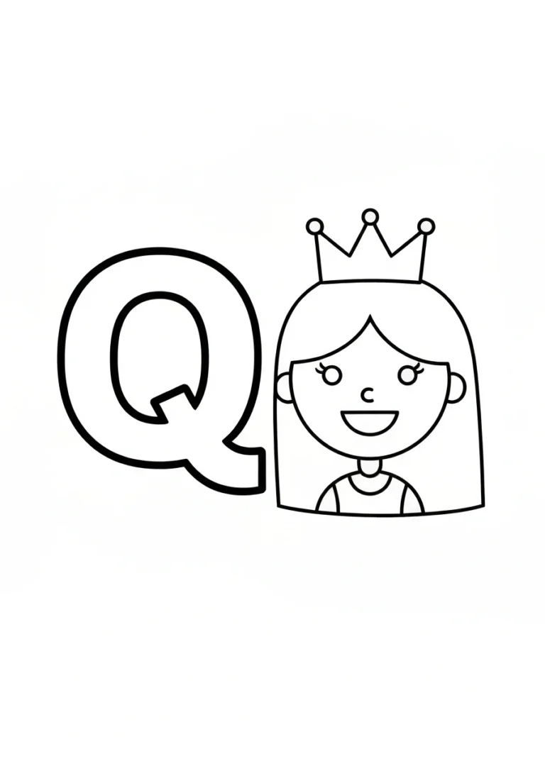 Letter Q with queen - kolorowanka angielski - kolorowanka line-art do druku