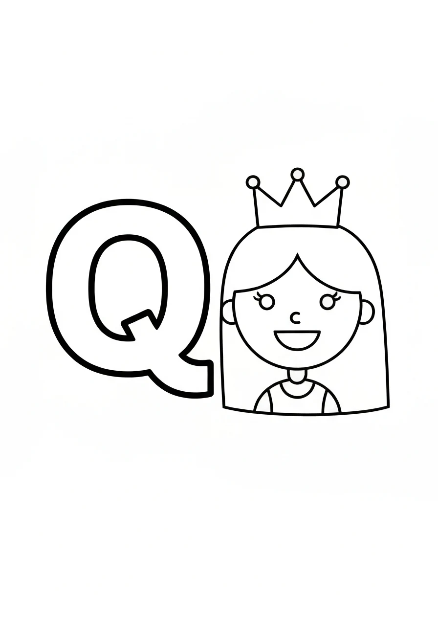Letter Q with queen - kolorowanka angielski - kolorowanka line-art do druku
