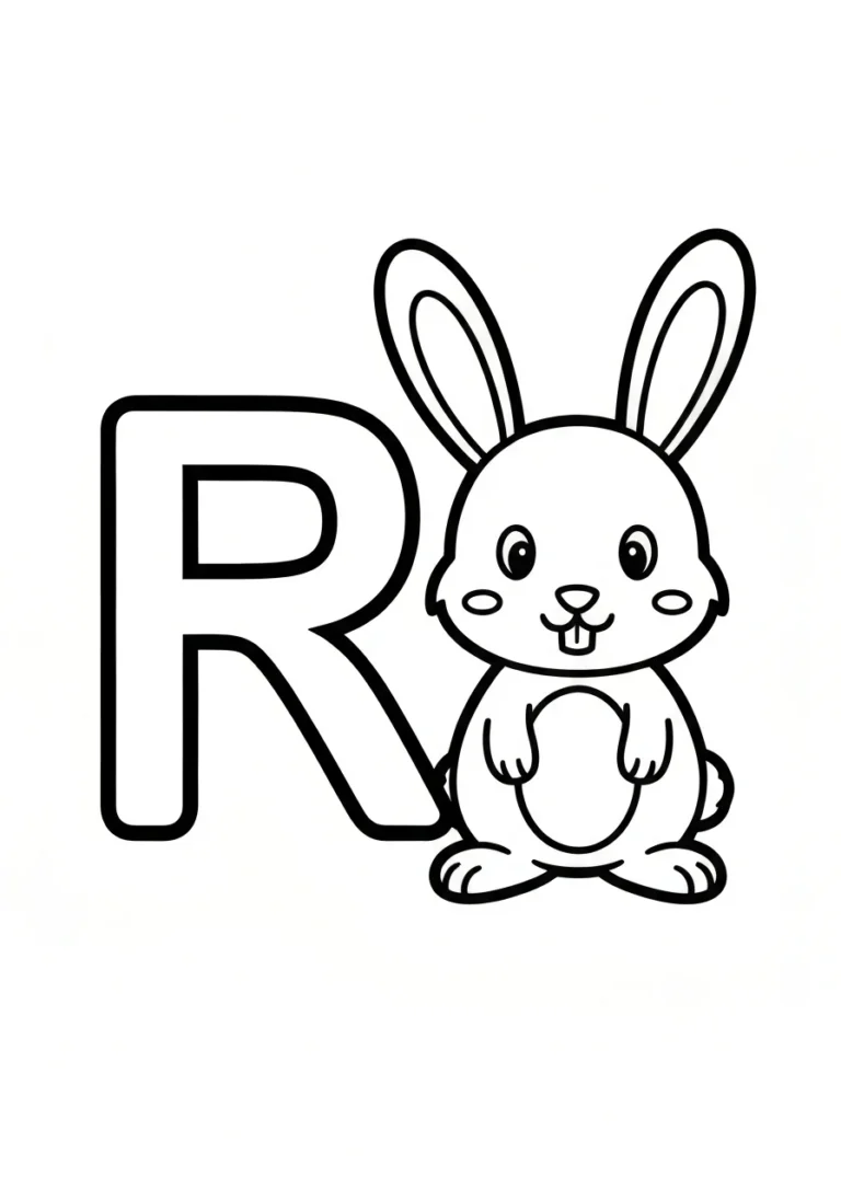 Letter R with rabbit - English coloring page - kolorowanka line-art do druku