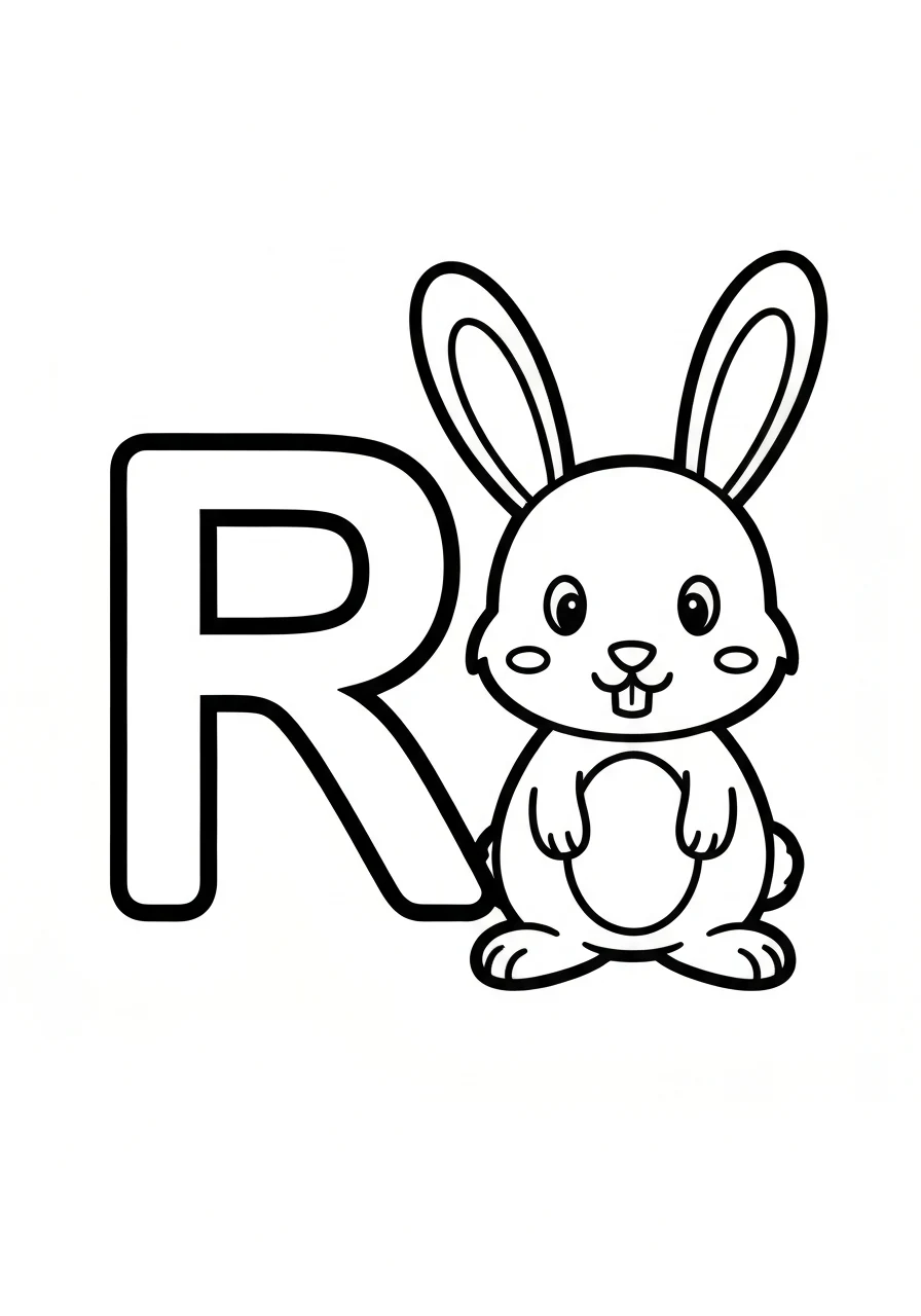 Letter R with rabbit - English coloring page - kolorowanka line-art do druku