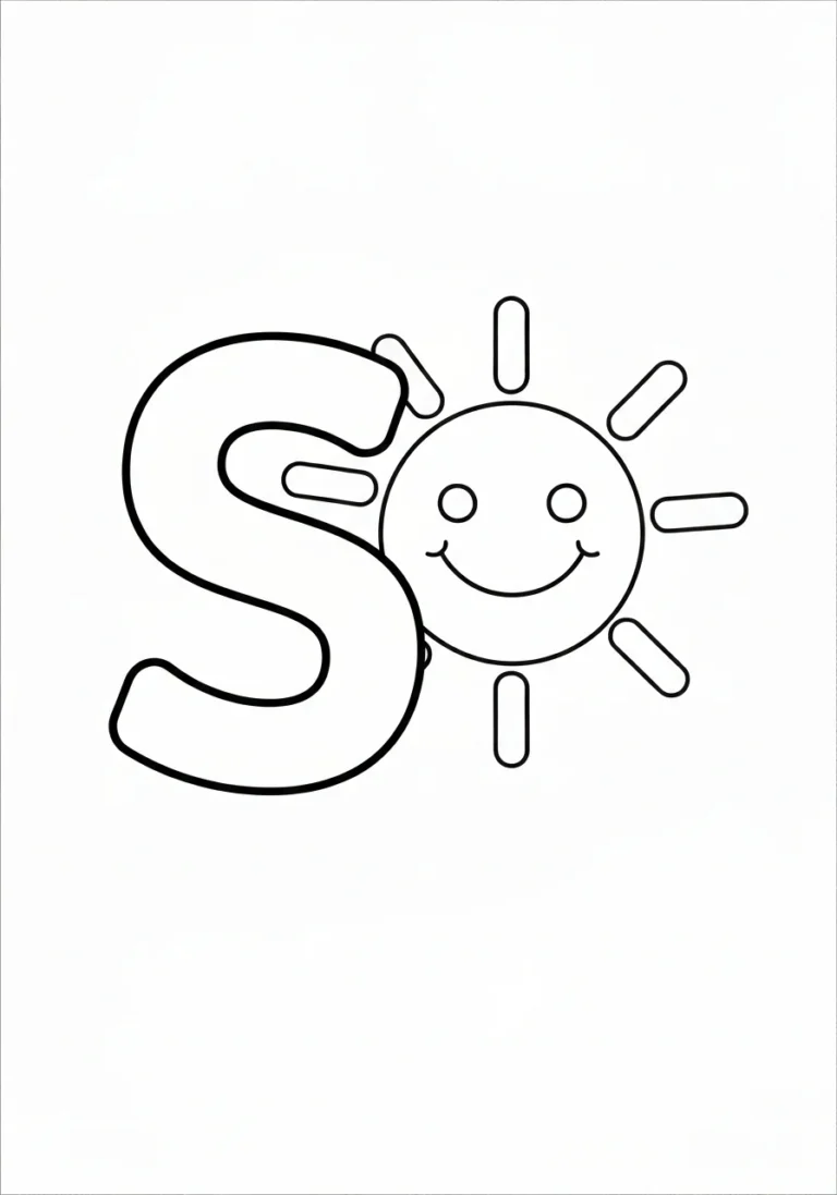 Letter S with sun - alfabet angielski - kolorowanka line-art do druku