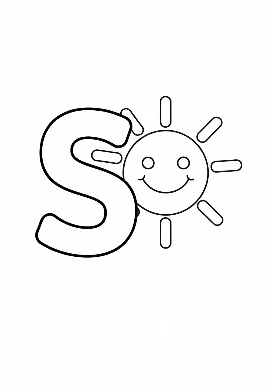 Letter S with sun - alfabet angielski - kolorowanka line-art do druku