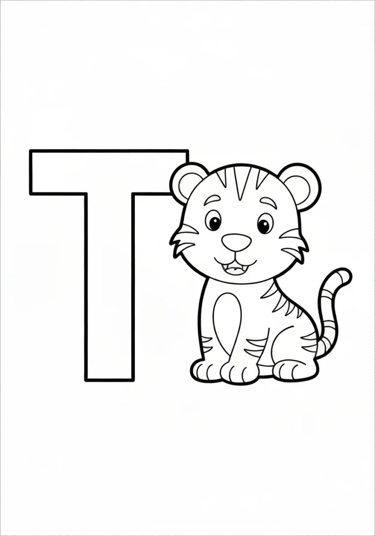 Letter T with tiger - kolorowanka English - kolorowanka line-art do druku