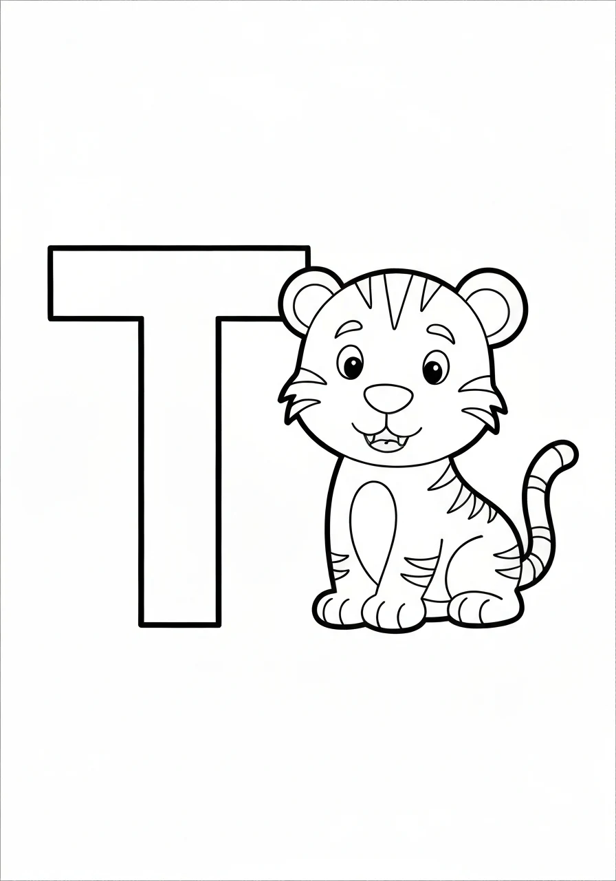 Letter T with tiger - kolorowanka English - kolorowanka line-art do druku