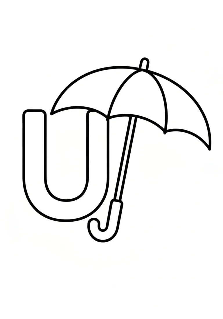 Letter U with umbrella - angielski alfabet - kolorowanka line-art do druku