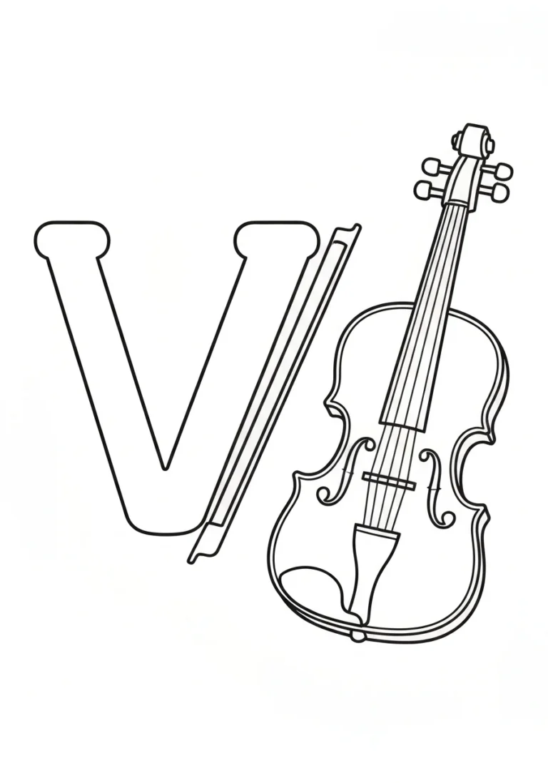 Letter V with violin - kolorowanka angielski - kolorowanka line-art do druku