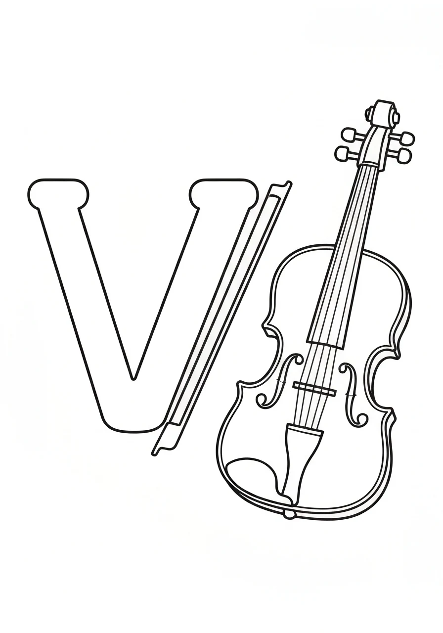 Letter V with violin - kolorowanka angielski - kolorowanka line-art do druku