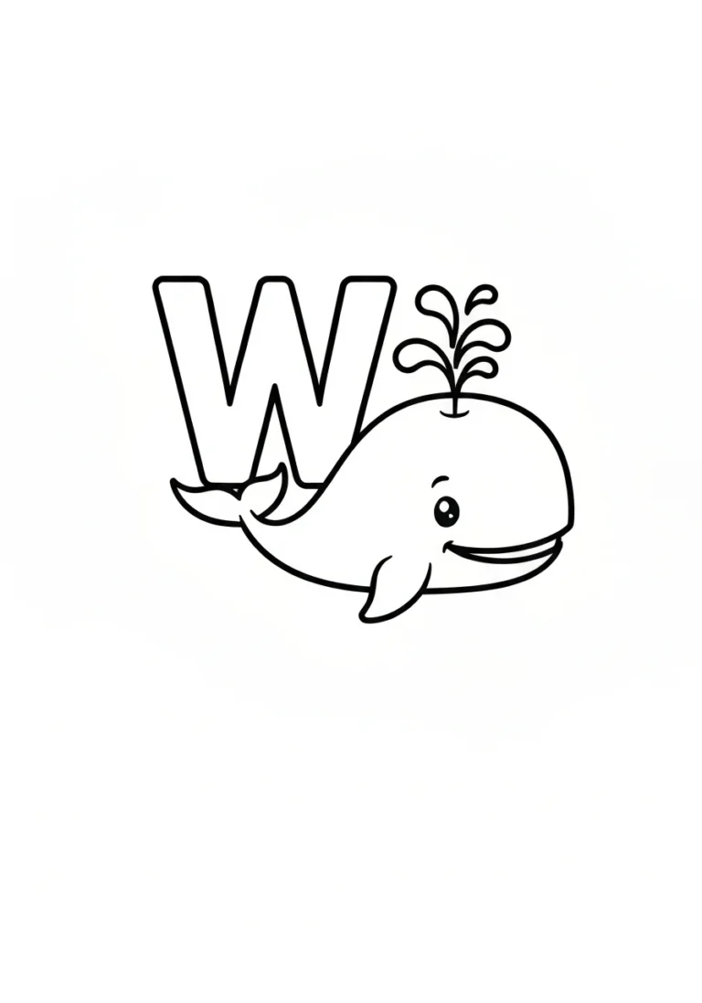 Letter W with whale - English coloring page - kolorowanka line-art do druku