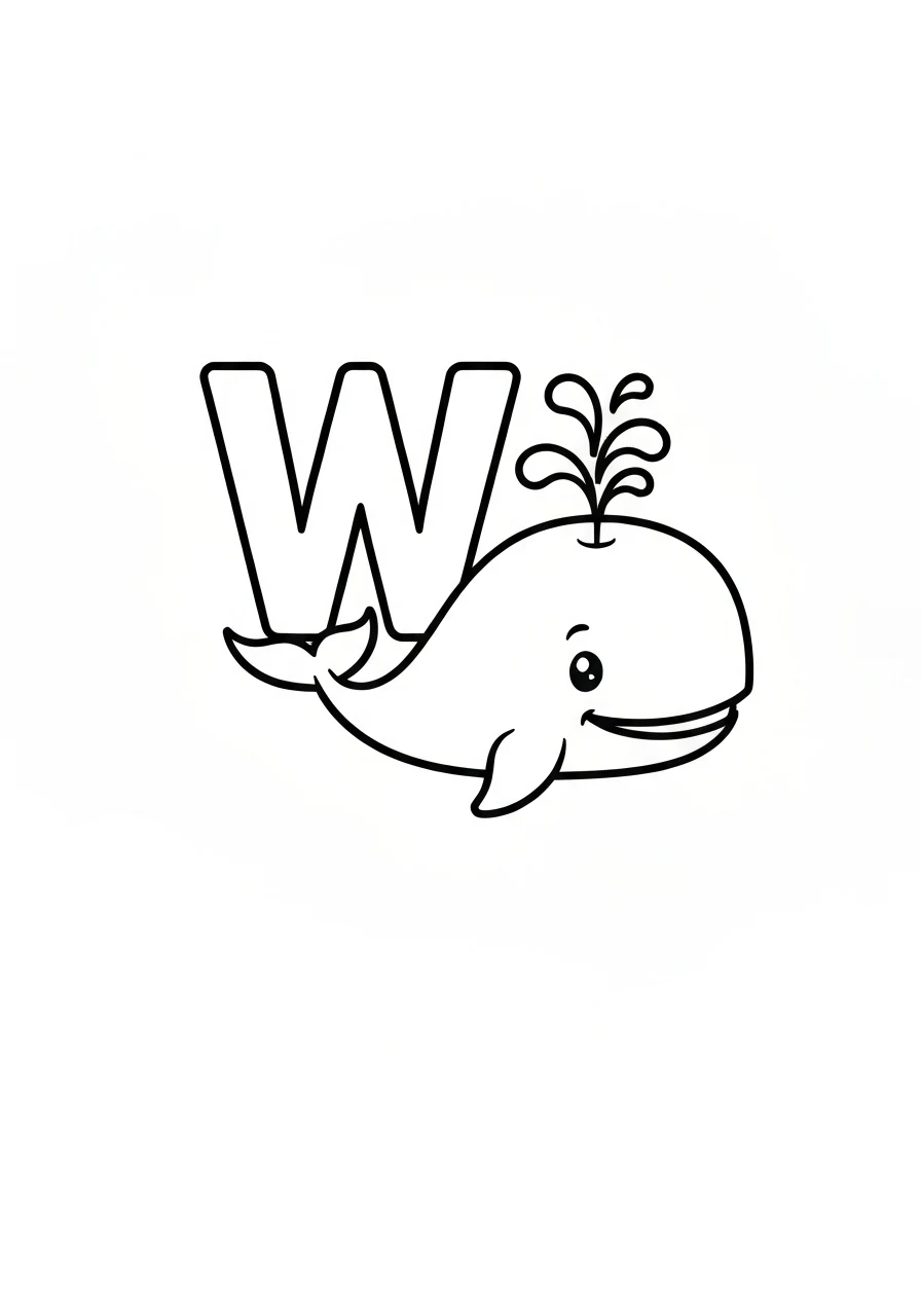 Letter W with whale - English coloring page - kolorowanka line-art do druku