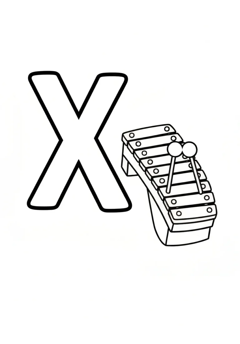 Letter X with xylophone - alfabet angielski - kolorowanka line-art do druku