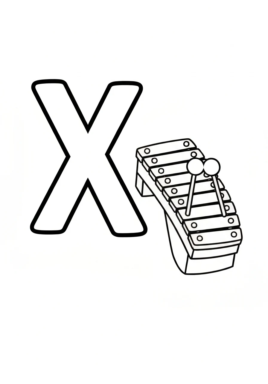 Letter X with xylophone - alfabet angielski - kolorowanka line-art do druku