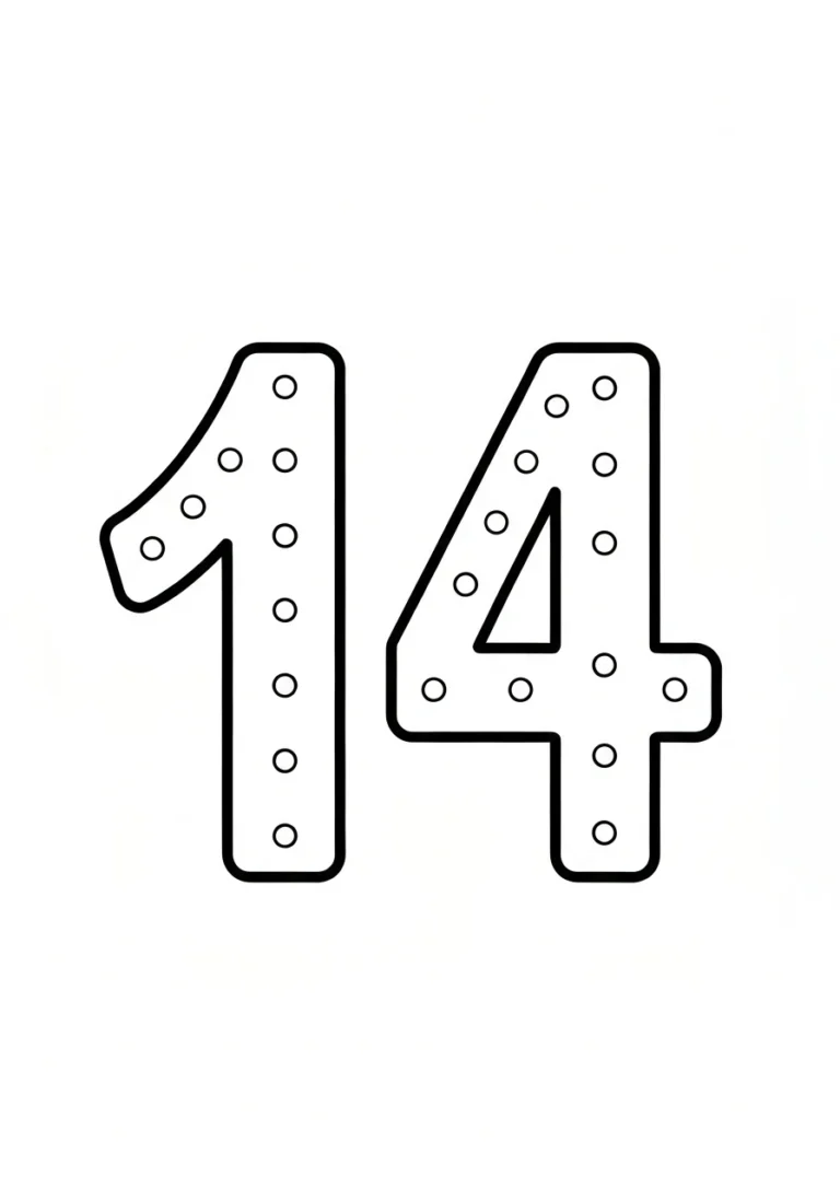 Liczba 14 - kolorowanka matematyczna dla dzieci - kolorowanka line-art do druku