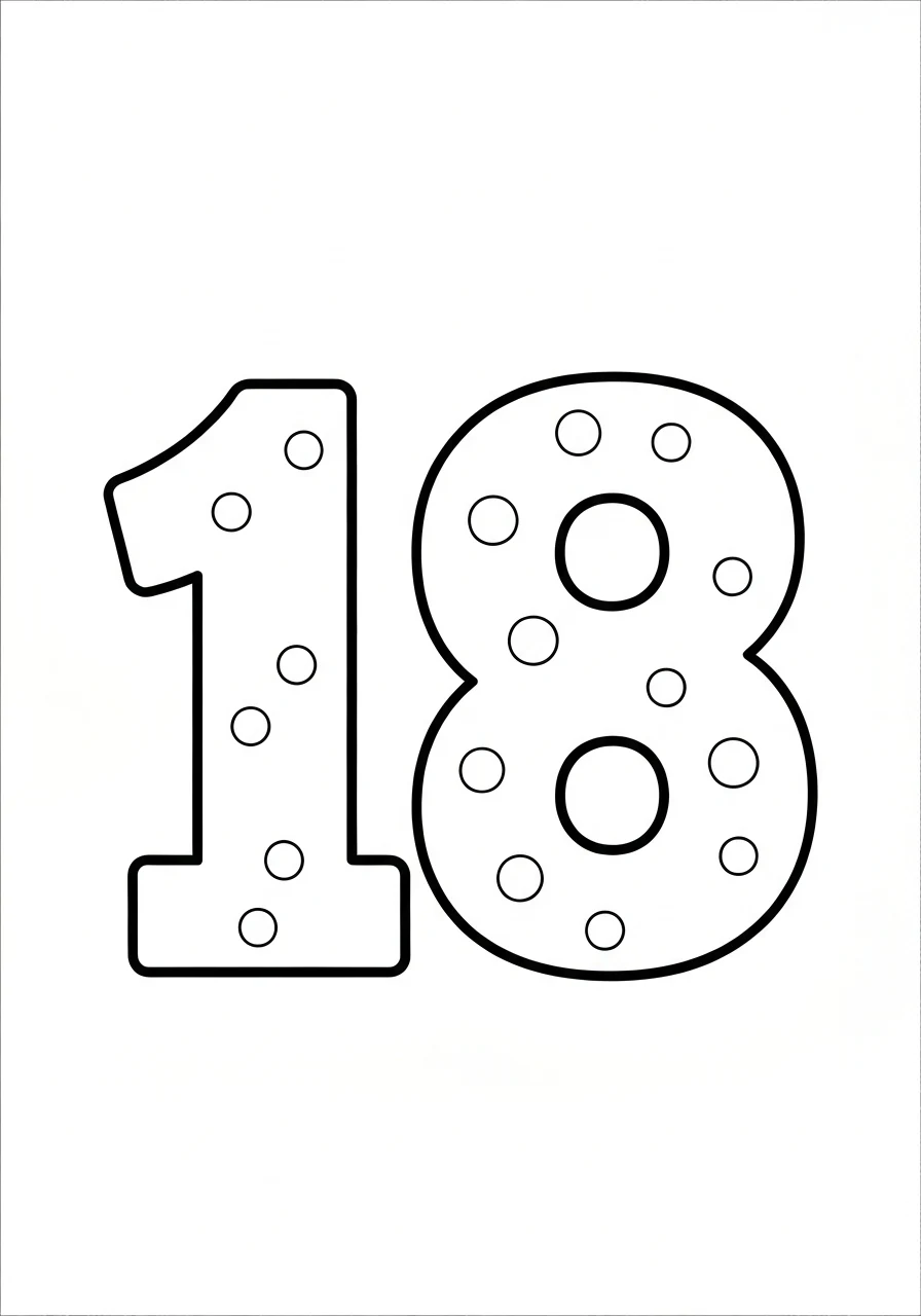 Liczba 18 - kolorowanka edukacyjna - kolorowanka line-art do druku