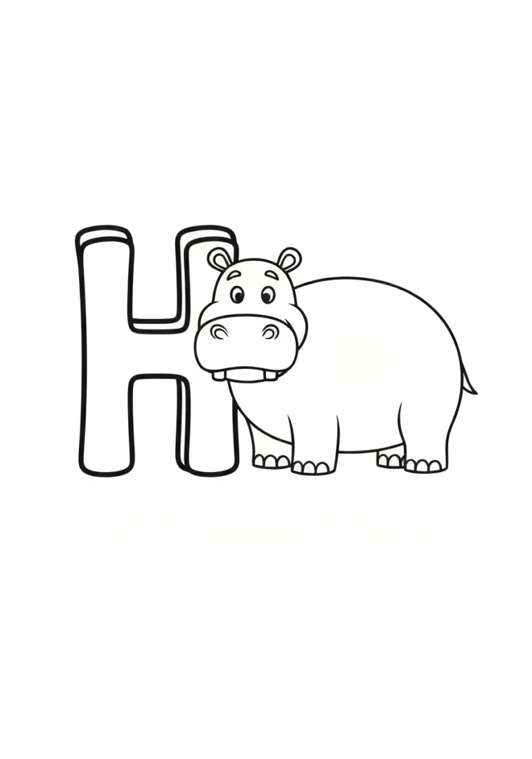 Litera H z hipopotamem - kolorowanka edukacyjna - kolorowanka line-art do druku
