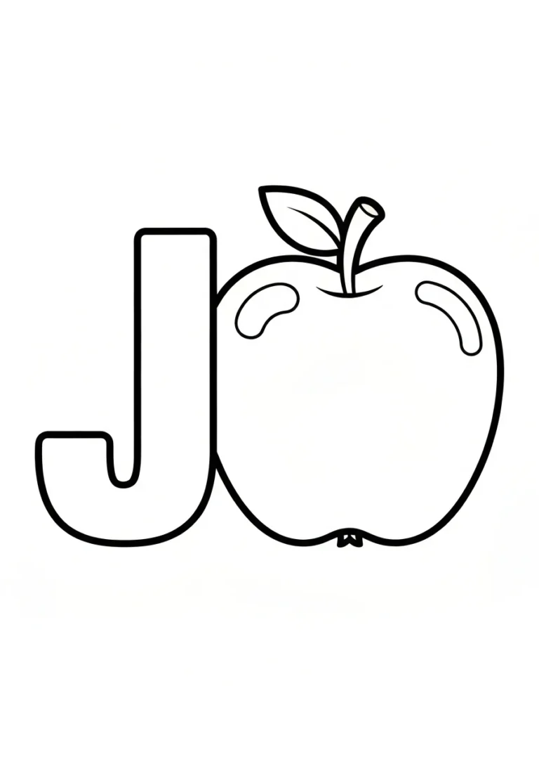 Litera J z jabłkiem - kolorowanka do druku - kolorowanka line-art do druku