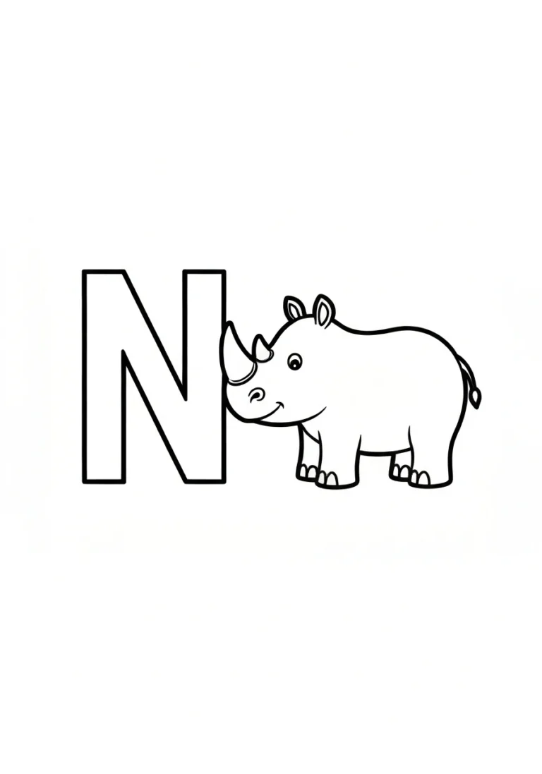 Litera N z nosorożcem - kolorowanka alfabet - kolorowanka line-art do druku