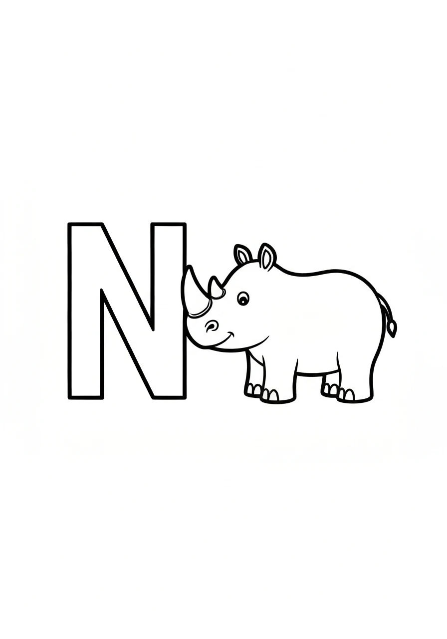 Litera N z nosorożcem - kolorowanka alfabet - kolorowanka line-art do druku
