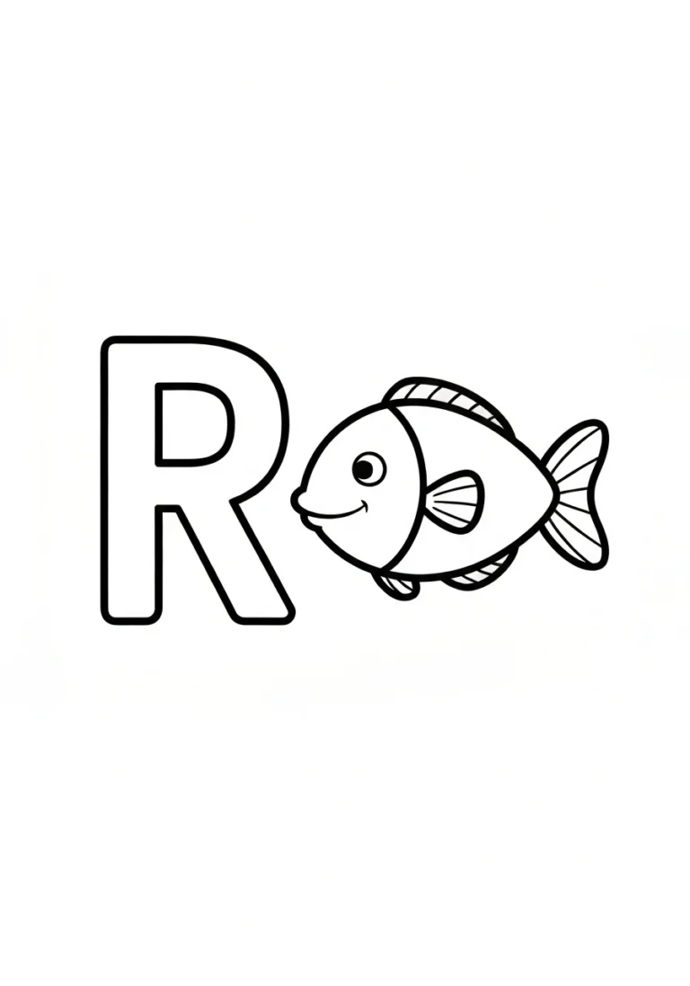 Litera R z rybą - kolorowanka do druku - kolorowanka line-art do druku