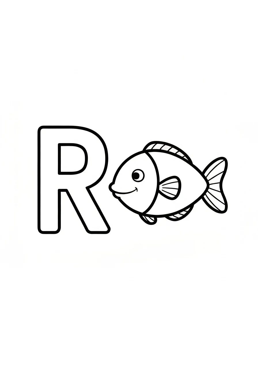 Litera R z rybą - kolorowanka do druku - kolorowanka line-art do druku